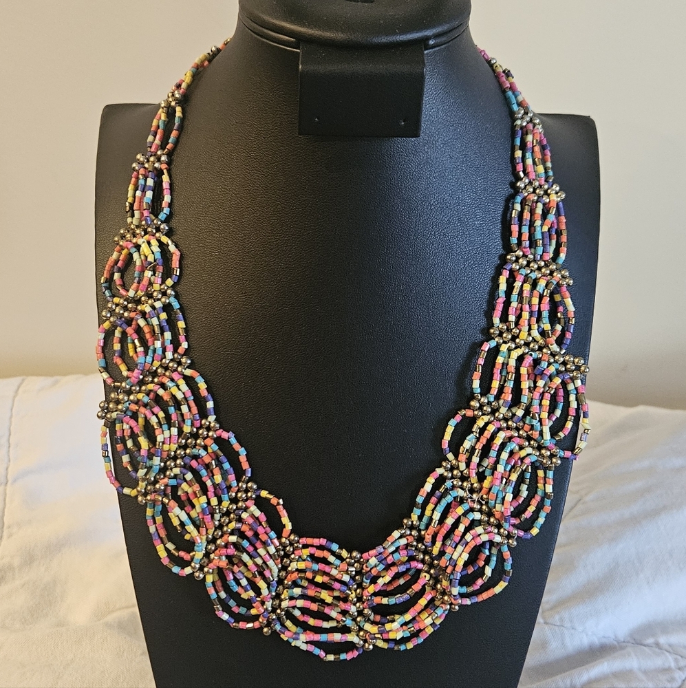Rainbow Beaded Bib Necklace hand Beaded Artisan